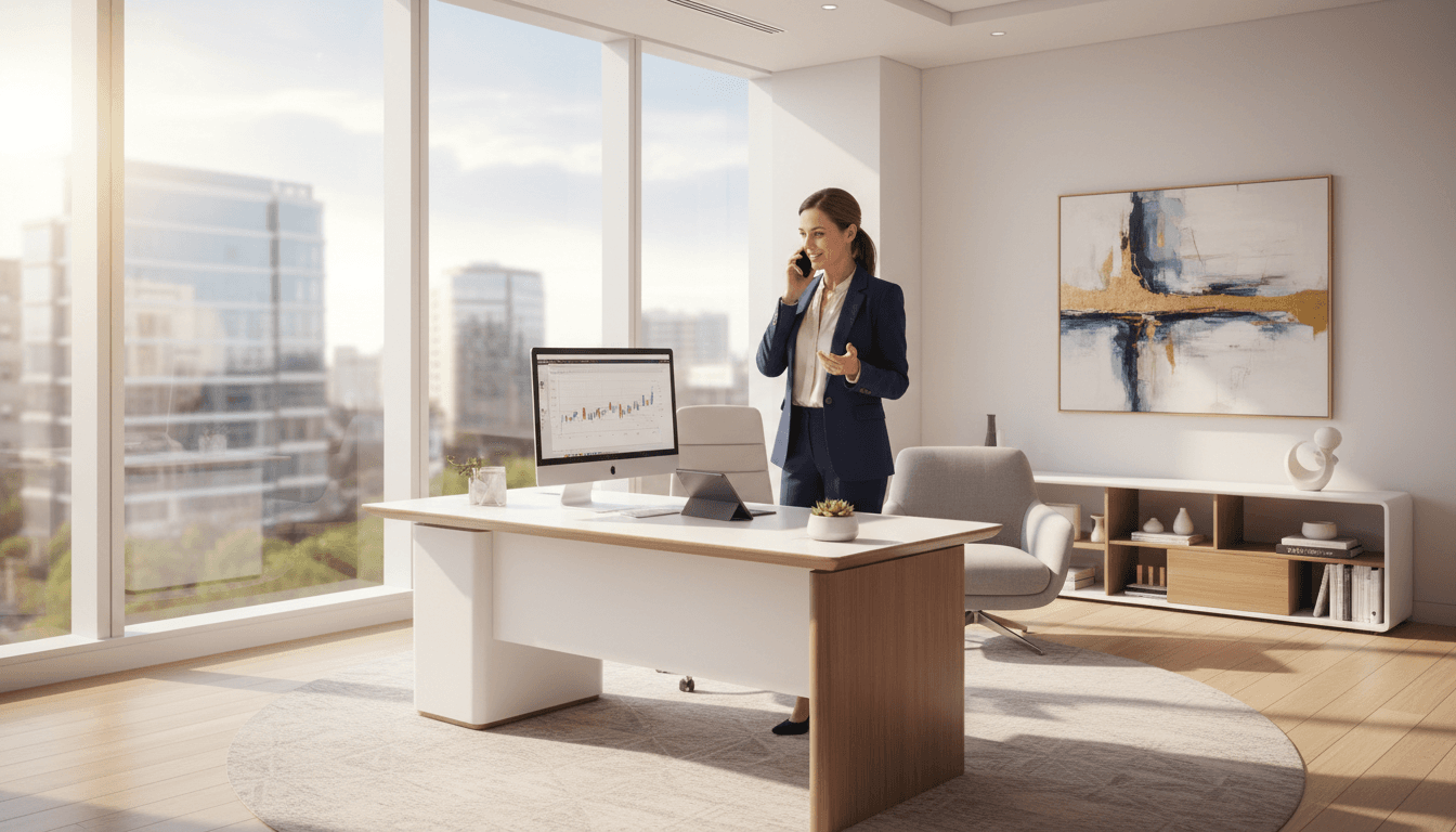 Professional financial broker on a phone call in a clean modern office with natural light