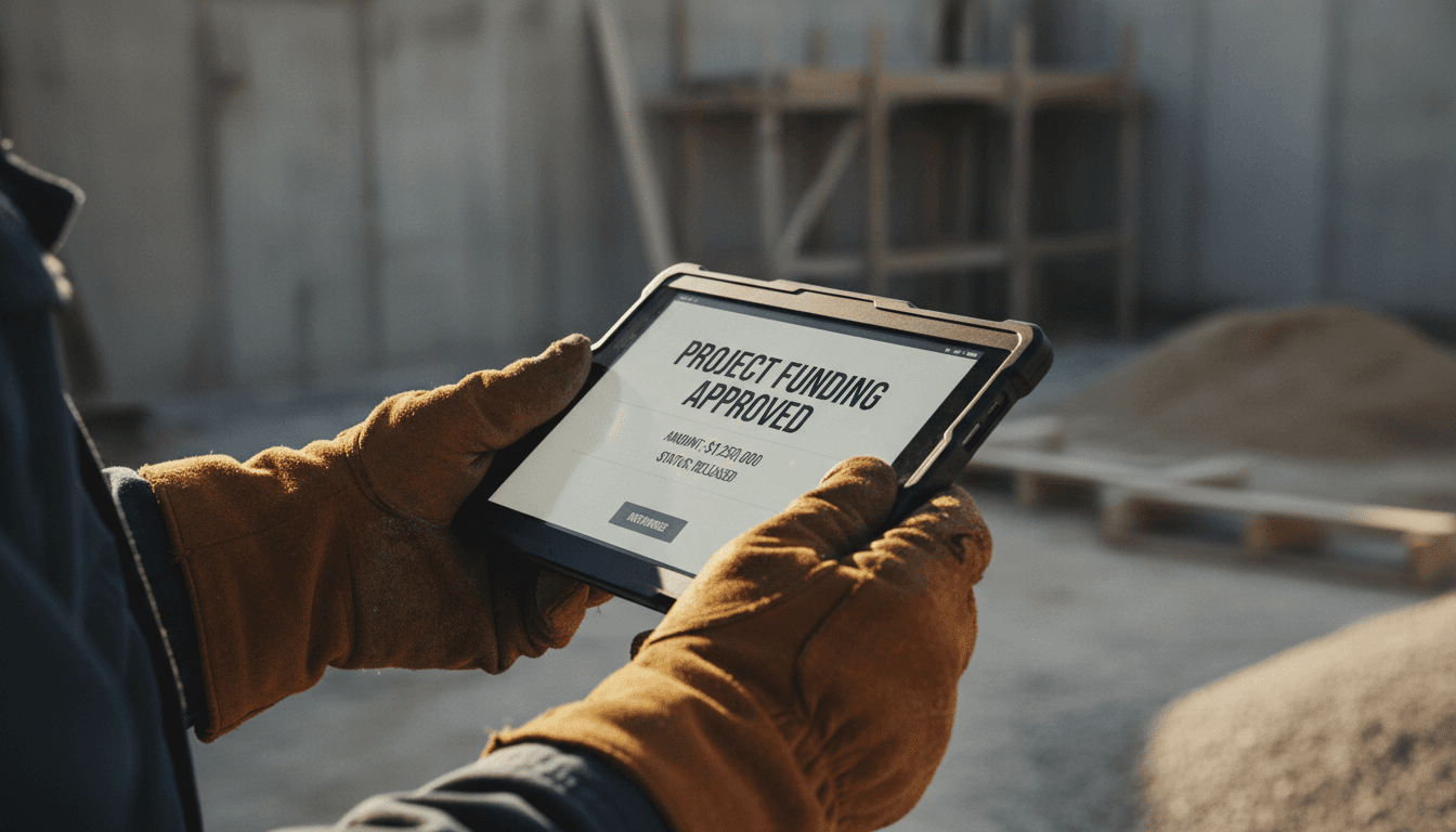 Contractor holding a tablet with a funding approval screen on a job site