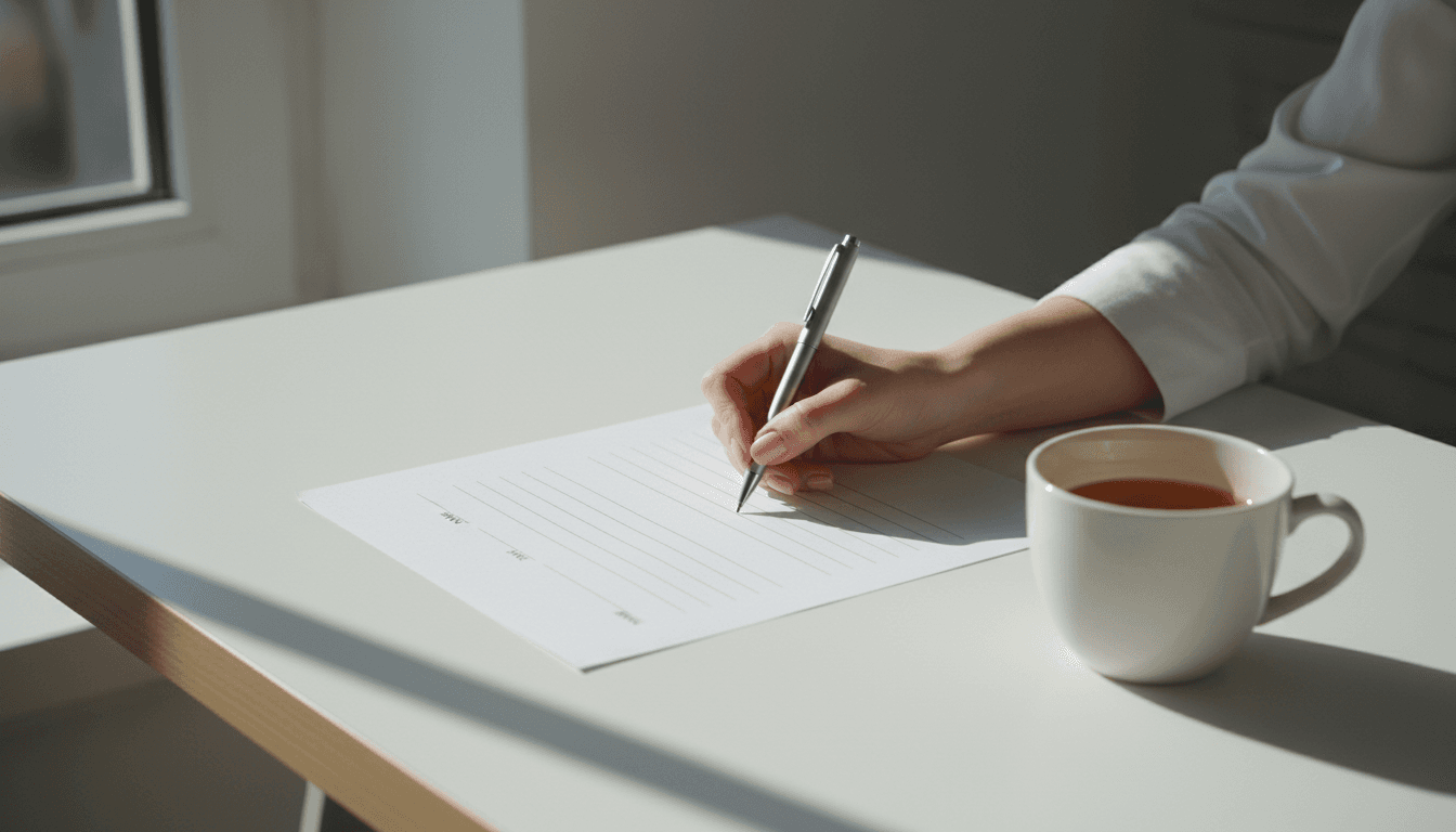 Hand filling out a simple application form on a desk
