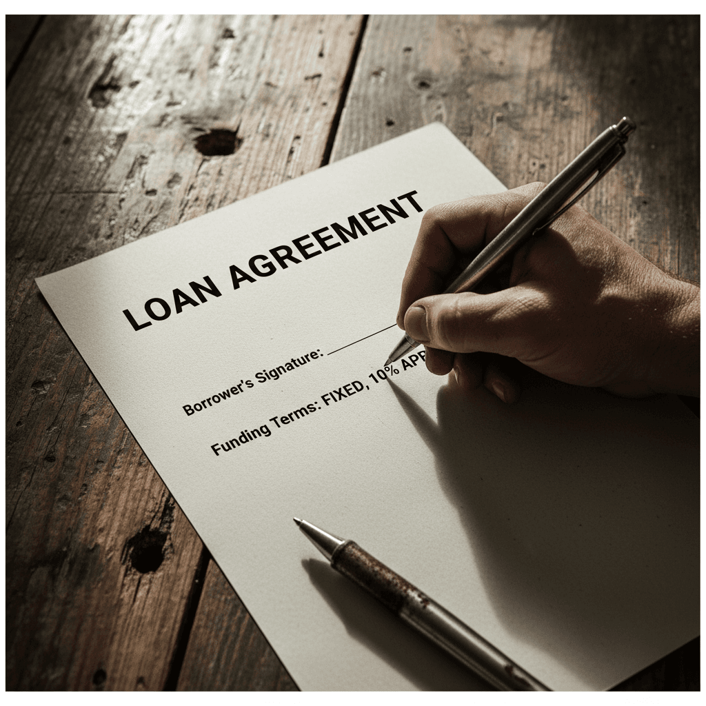 Hand signing a funding agreement at a wooden table