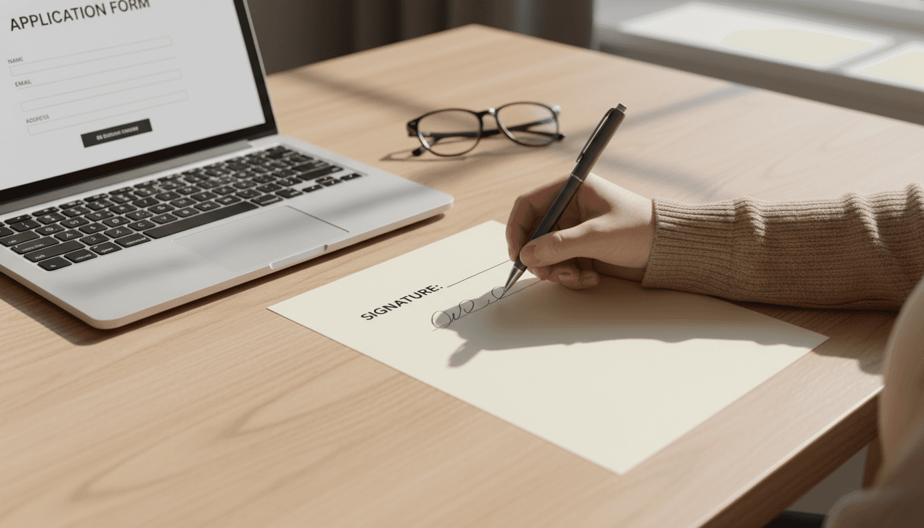Person signing a funding application document at a desk with laptop