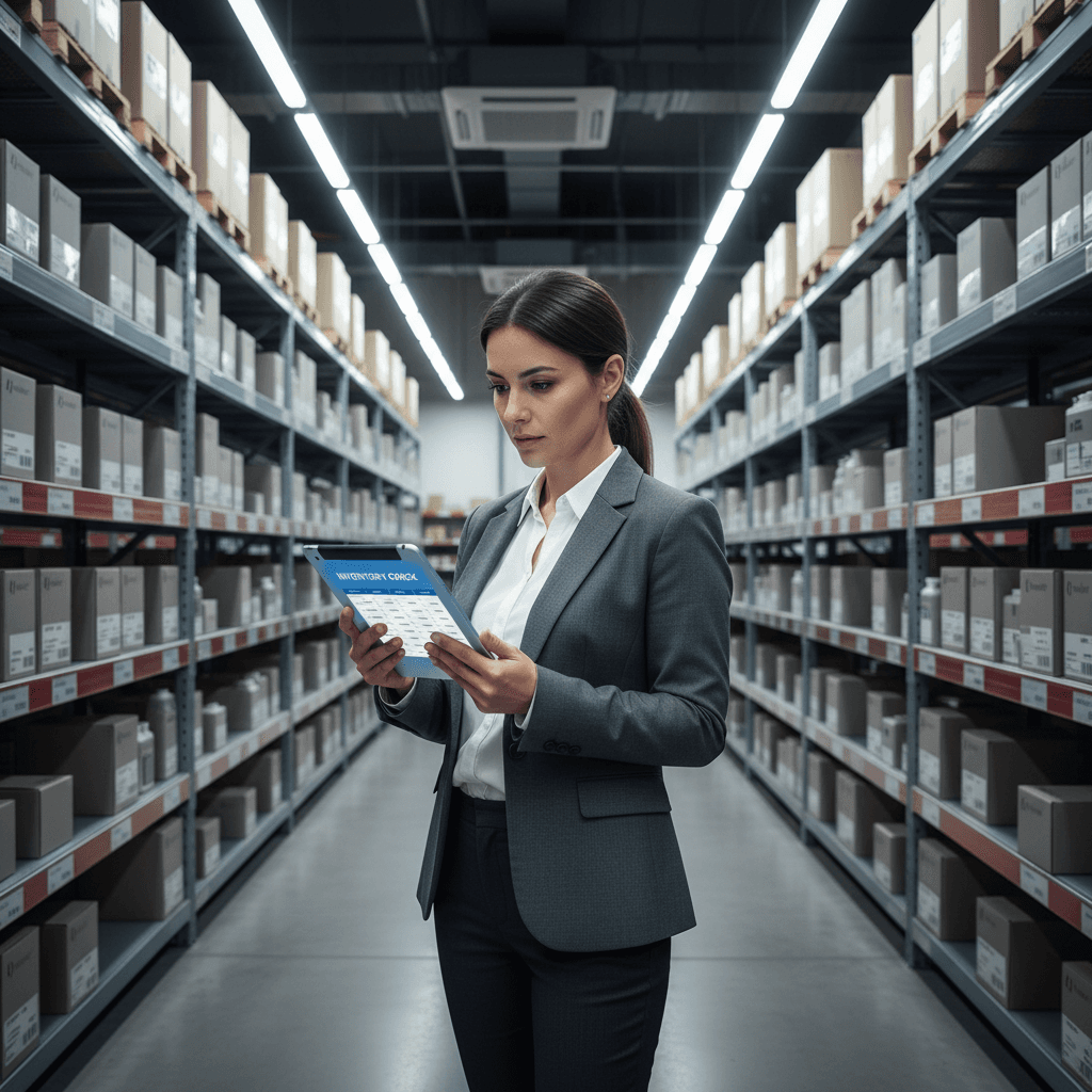 Business owner checking inventory on a tablet in a warehouse