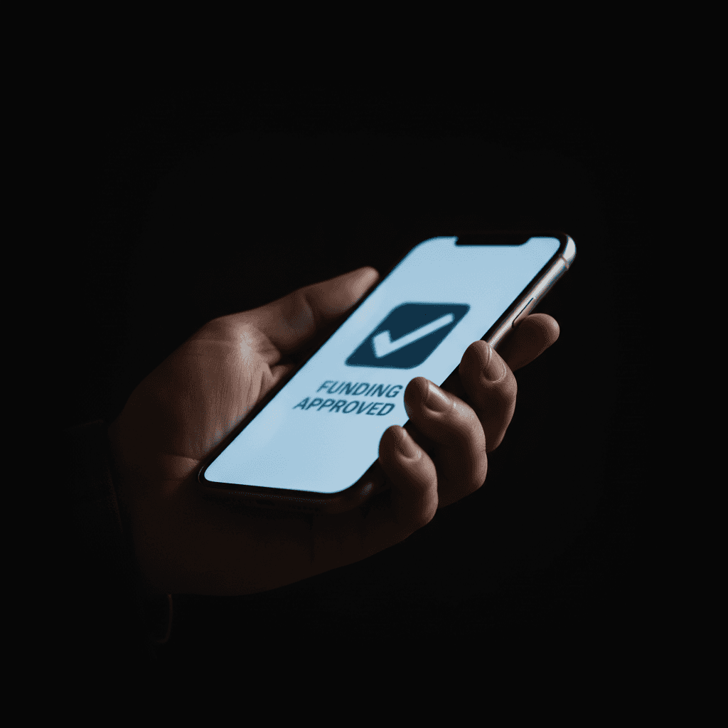 Hand holding smartphone with funding approval notification
