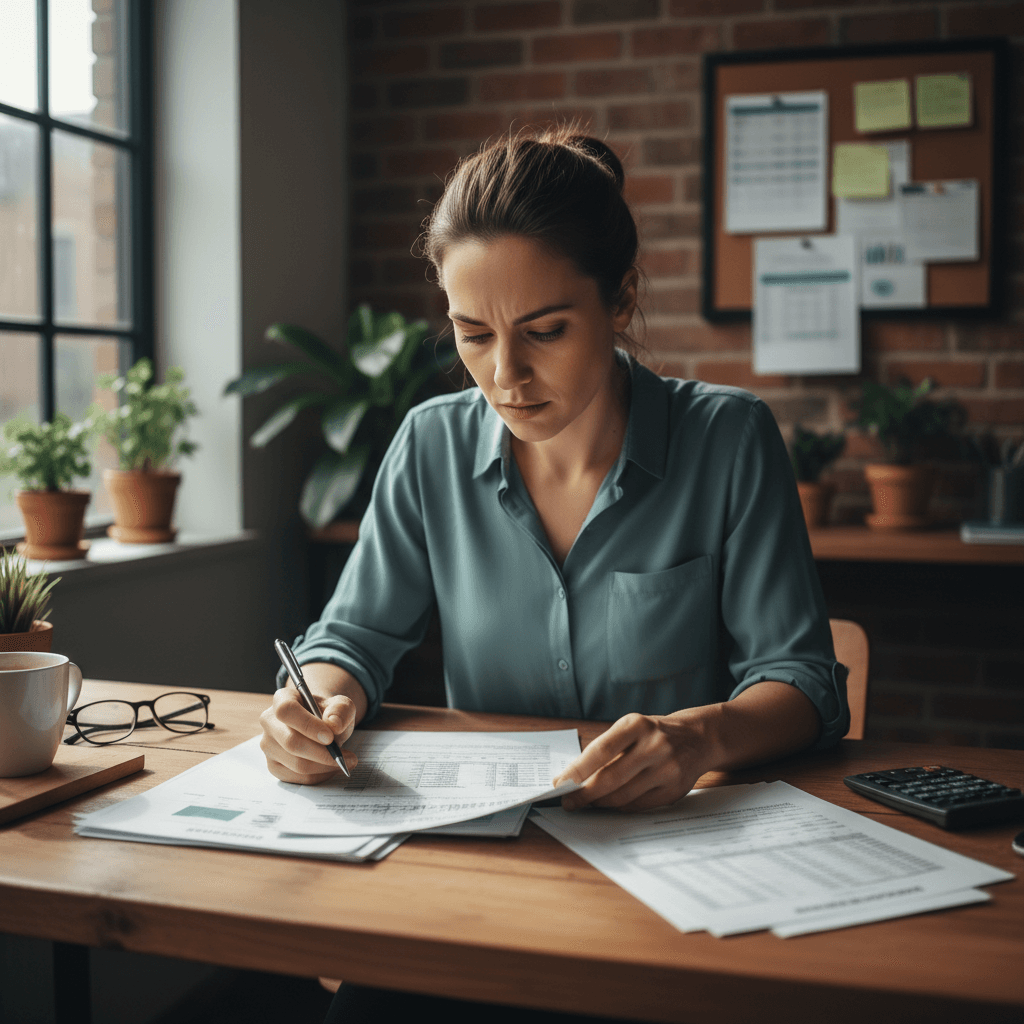 Business owner reviewing financial paperwork at desk