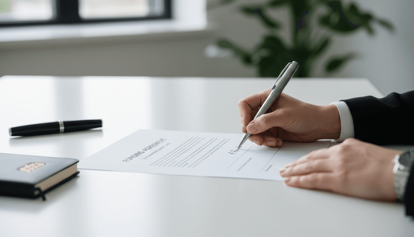 Close-up of a hand signing a funding document with a pen on a modern desk