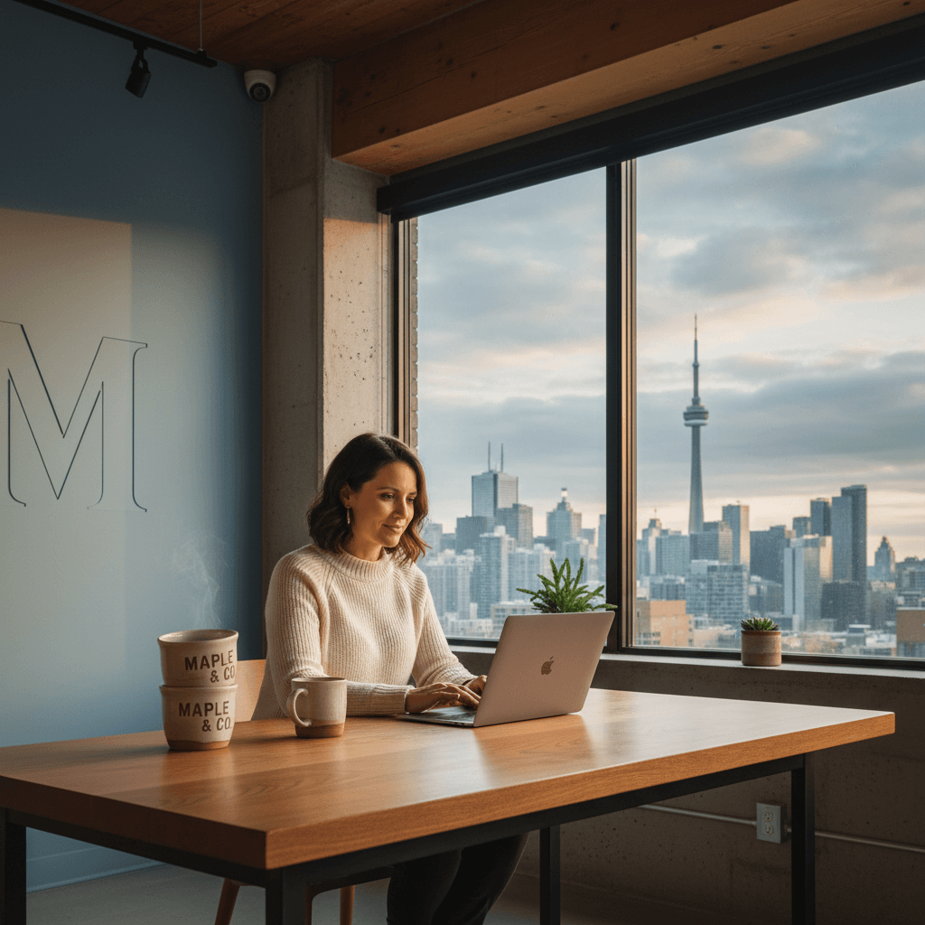 Canadian business owner working at a desk with city skyline view