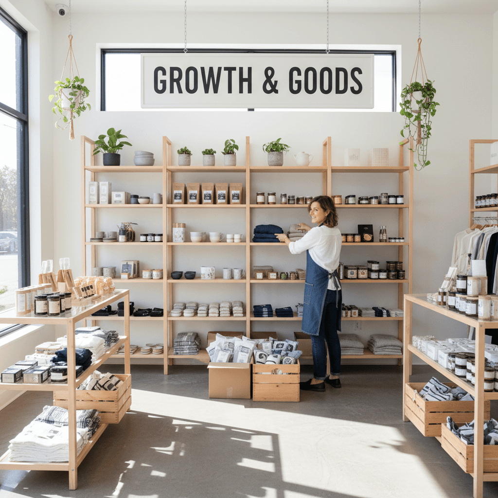 Small business owner stocking shelves in retail store