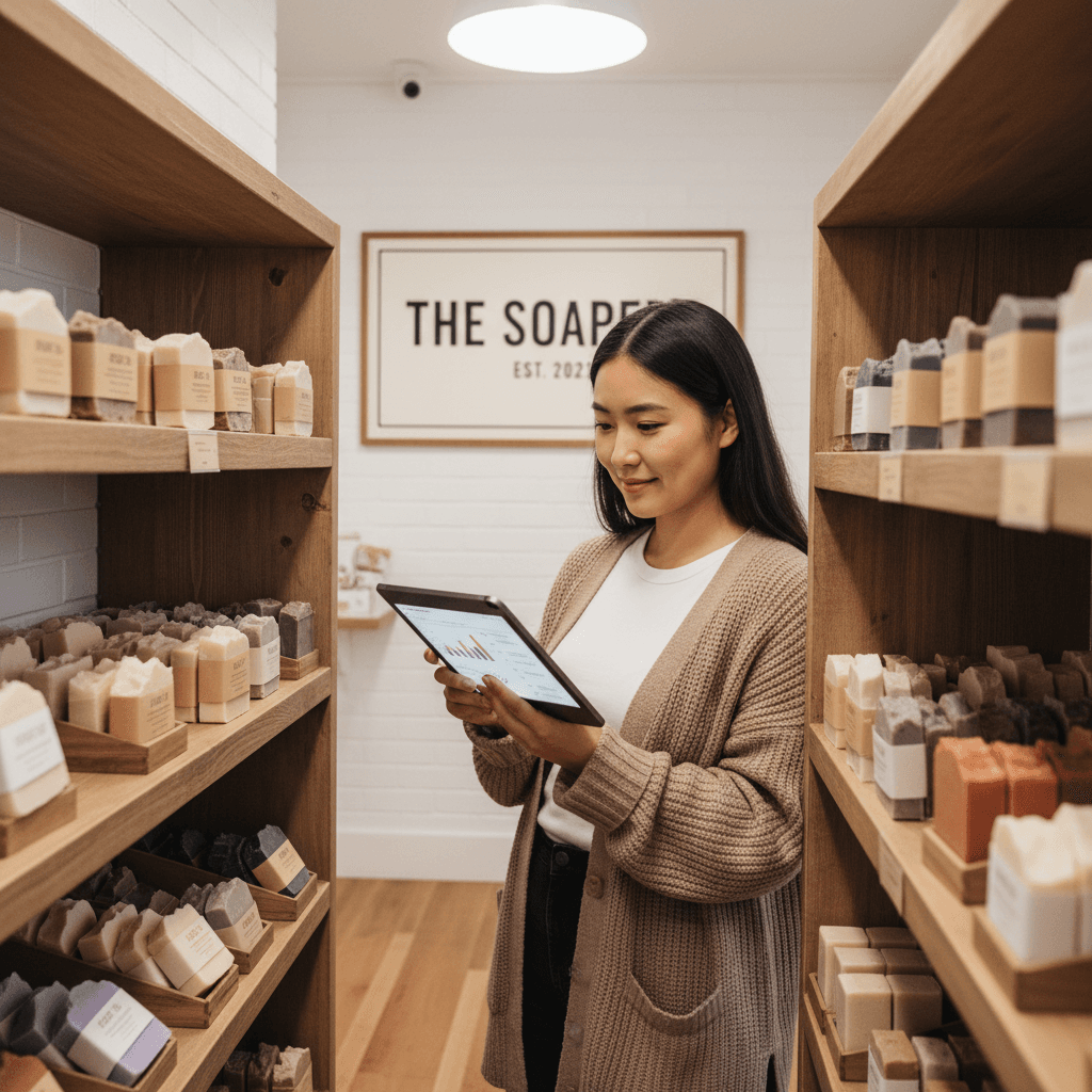 Small business owner reviewing a tablet next to product display