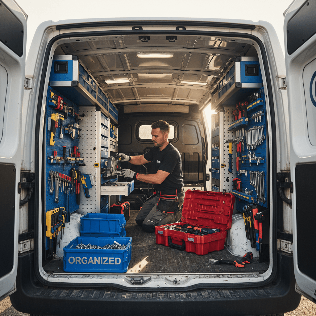 Contractor organizing tools in a van