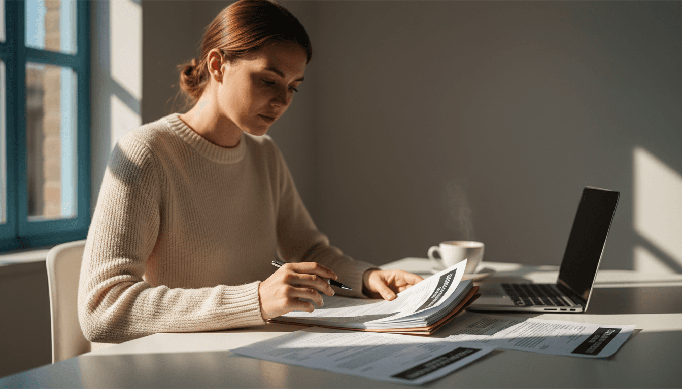 Business owner reviewing funding documents at a desk in bright natural light