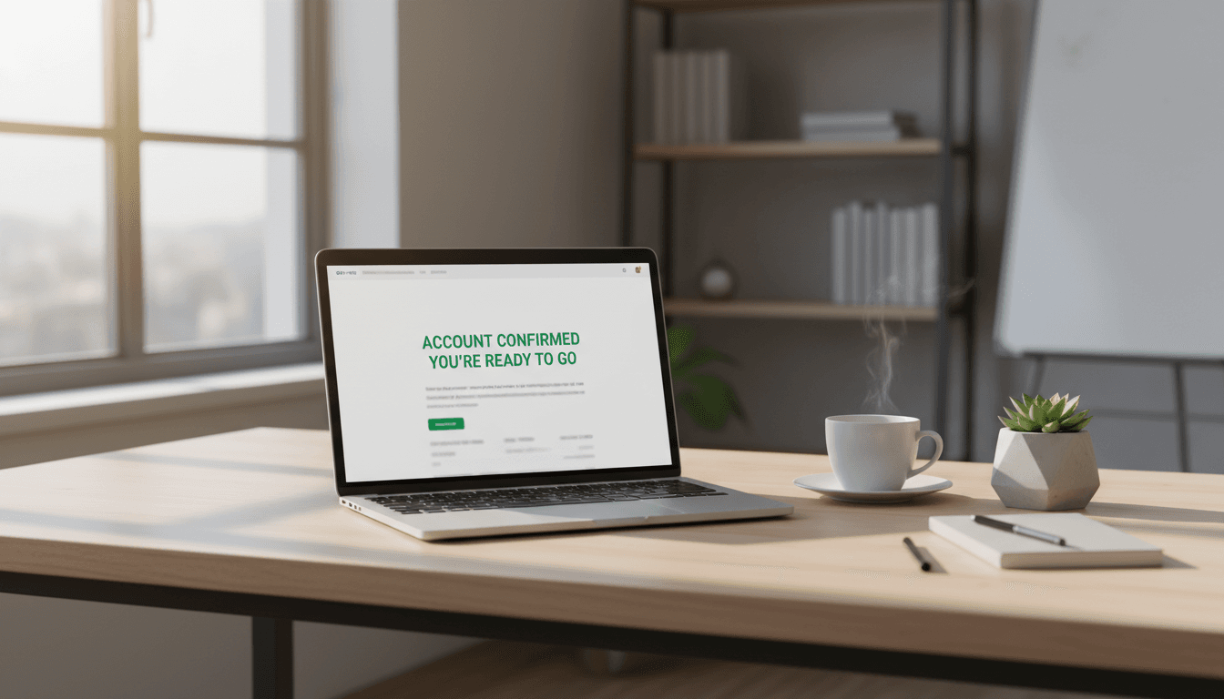 Business desk with laptop showing funding confirmation screen