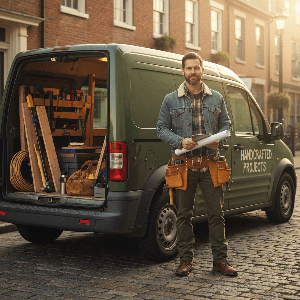 Contractor standing next to work van with equipment