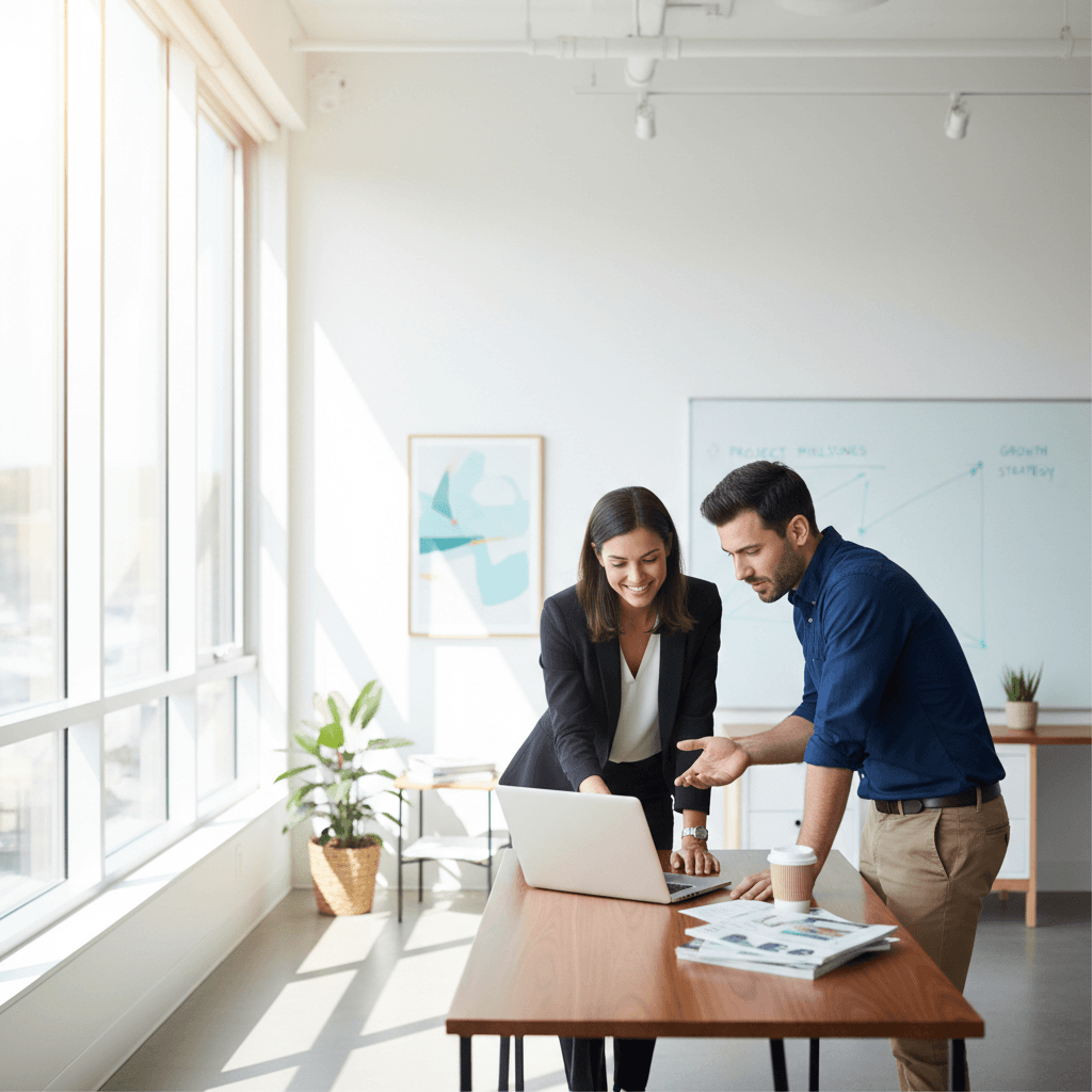 Two small business team members reviewing finances on a laptop