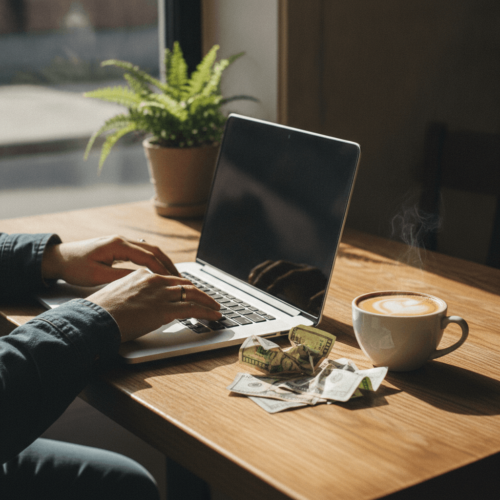 Freelancer's hands typing on a laptop with cash and coffee nearby