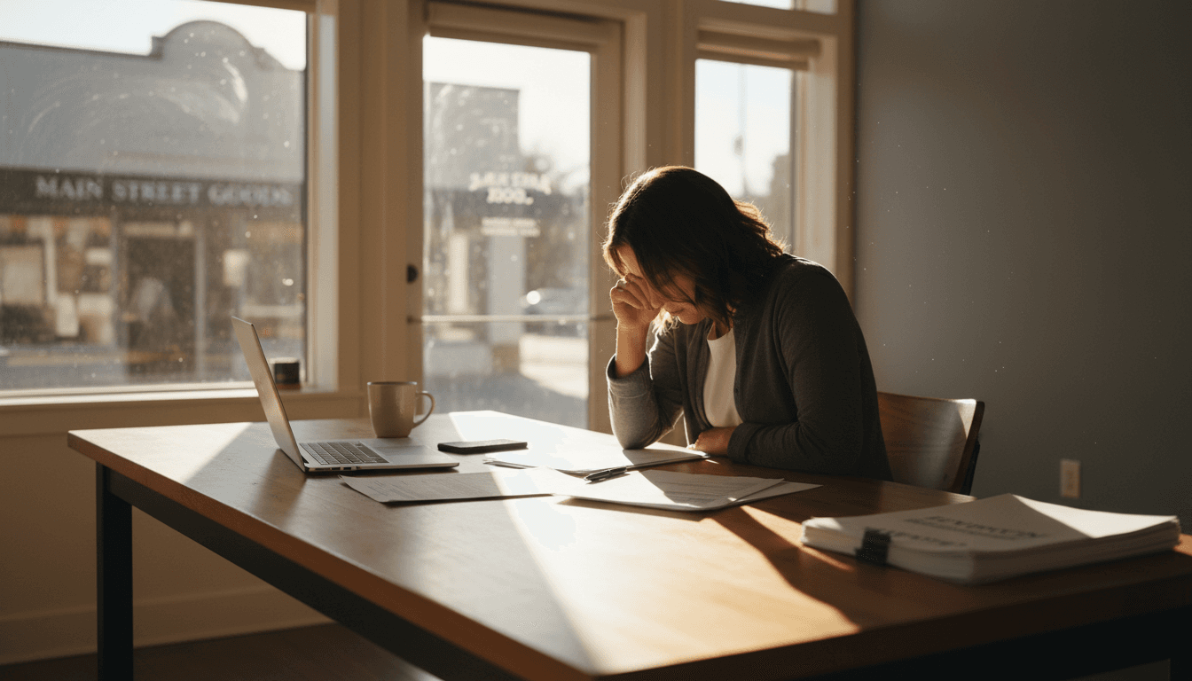 Small business owner reviewing paperwork at a desk in a sunlit storefront