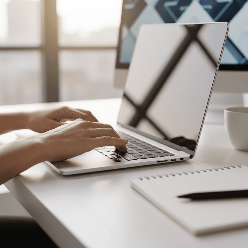 Business owner's hands typing on a laptop, coffee cup nearby, indicating a quick application process